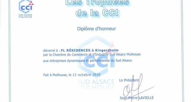 Les Trophées de la CCI Sud Alsace - Diplôme d'Honneur pour FL Résidences