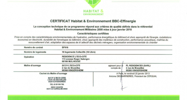 Certification Habitat et Environnement BBC Effinergie de l'Eco-Cité à Mulhouse